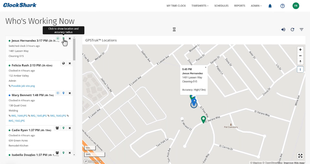 ClockShark displays a list of logged-in employees on the left-hand side and a map showing the employees’ GPS locations on the right-hand side. 