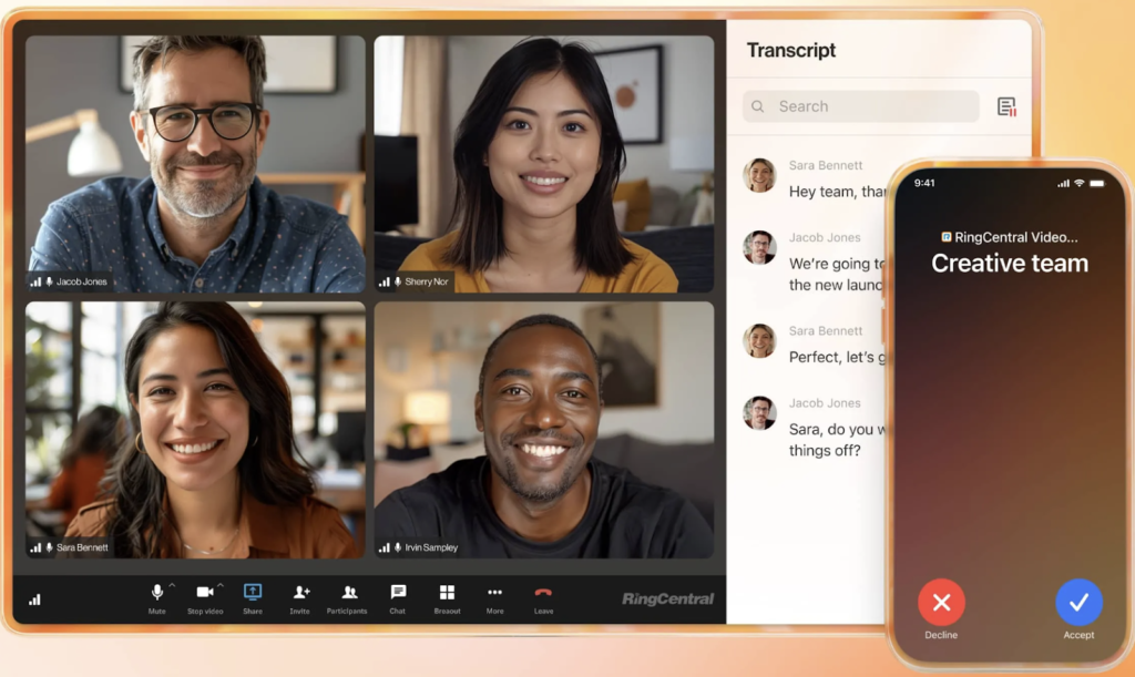 A RingCentral video meeting with transcript and a mobile calling screen.