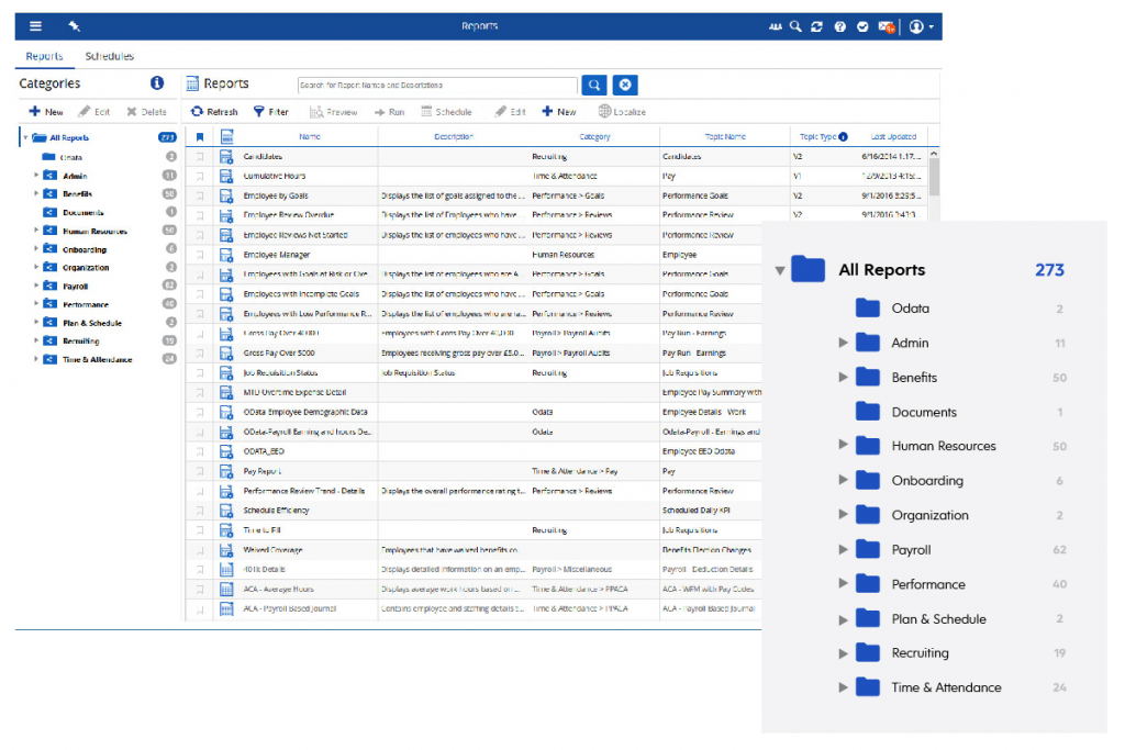 Dayforce displays a database of categorized report files.