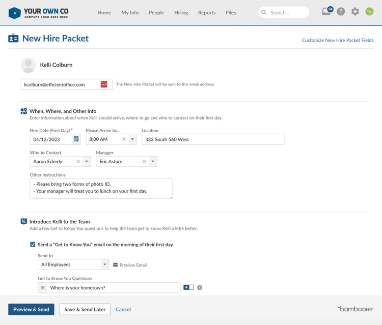 BambooHR displays settings for a new hire packet.