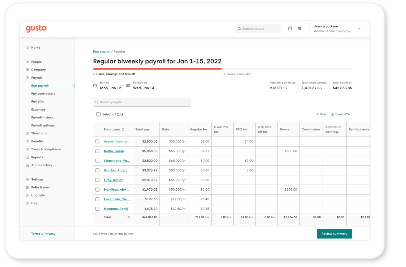 Gusto displays a payroll dashboard with a company’s biweekly payroll for the pay period of January 1 to January 15, 2022.