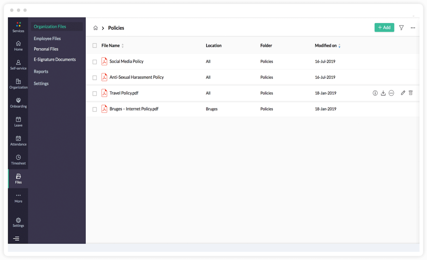 Zoho People’s organization files dashboard displays a list of different company files, including social media, travel, and internet policies.