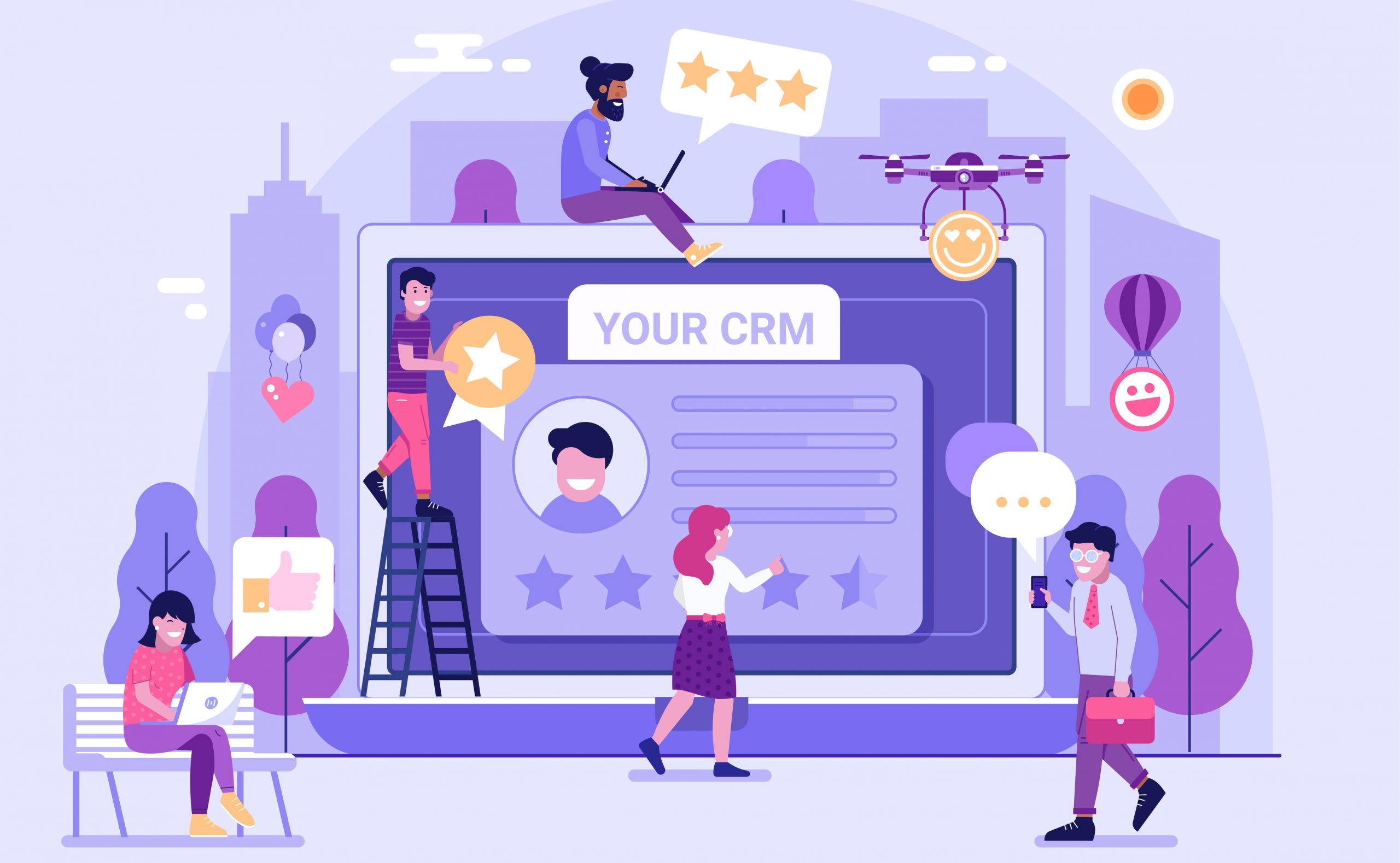 Customer relationship management platform concept with happy clients leaving positive feedback. Illustration.