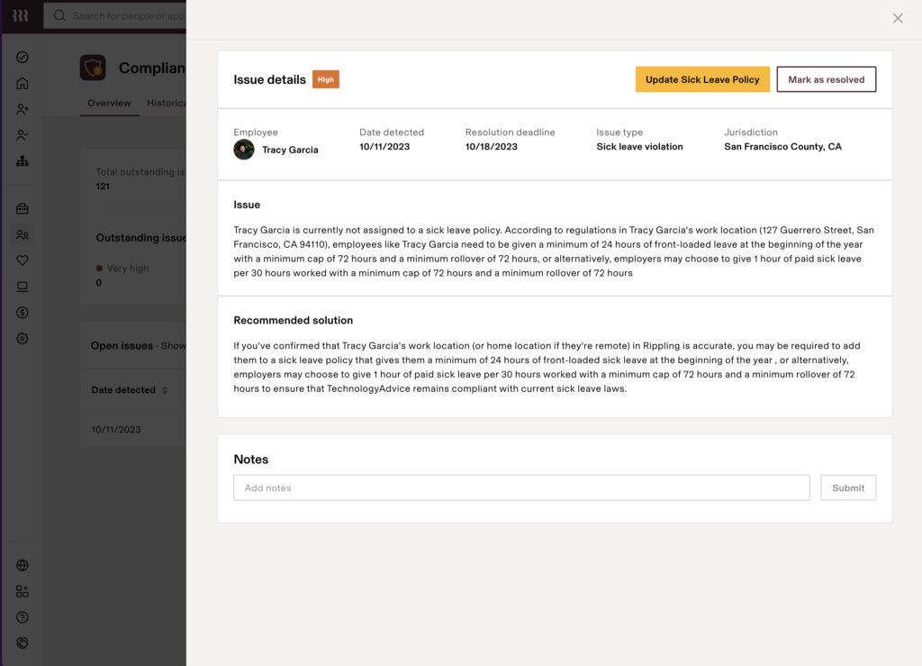 Rippling displays a dialogue box with text explaining a state sick leave policy violation for an employee named Tracy Garcia, plus recommended solutions.