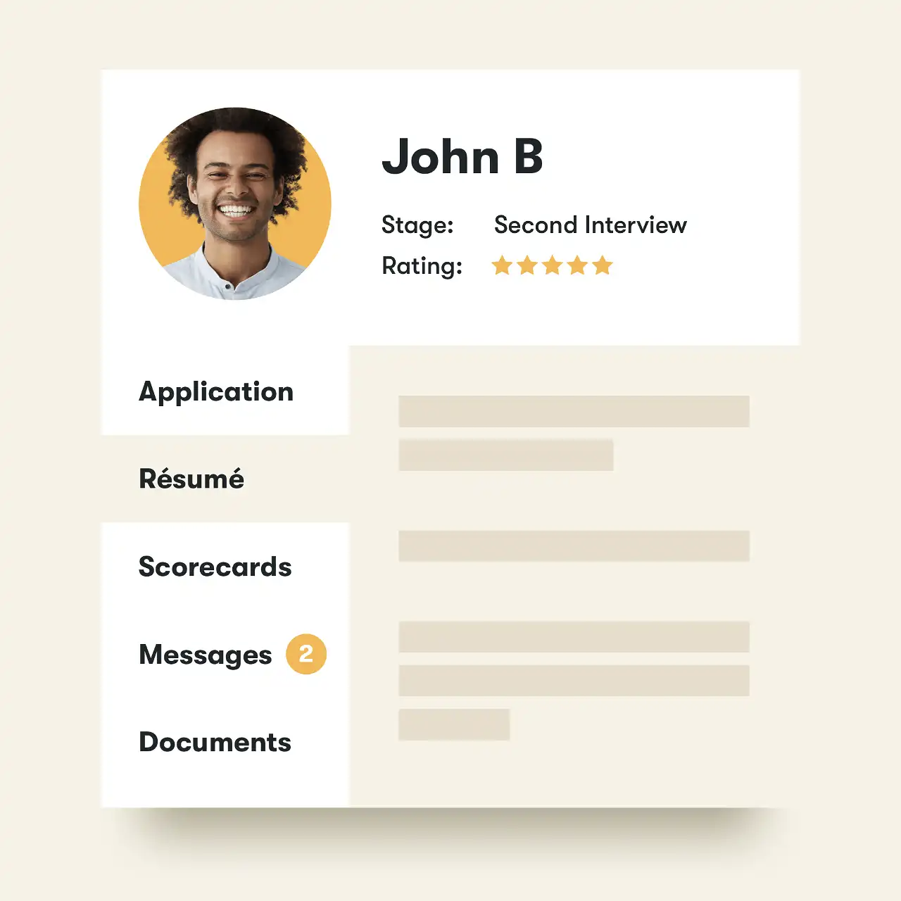 Pinpoint candidate profile showing a candidate's picture and areas to add the candidate's résumé, application, scorecard, internal messages, and other documents.
