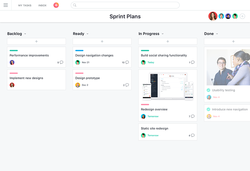 Screenshot of an Asana Agile Board displaying tasks in columns such as 'Backlog,' 'Sprint Plans,' 'In Progress,' and 'Done.