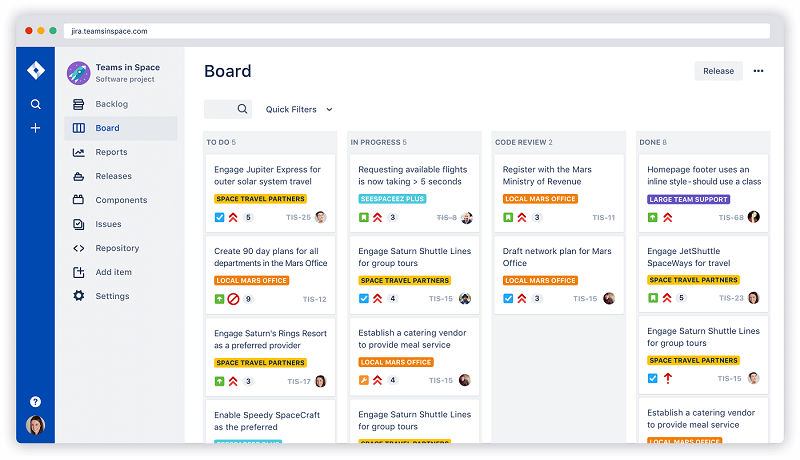 Screenshot of a Jira Scrum Board displaying various tasks in columns such as 'To Do,' 'In Progress,' 'Code Review,' and 'Done.'