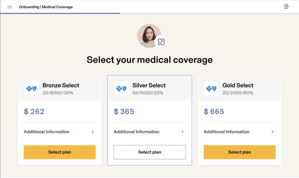 The benefits enrollment screen in Rippling displays three options for an employee to select from for medical coverage.