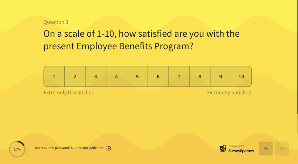 A survey screen asking the respondent to rate their benefits program on a scale of 1 to 10.