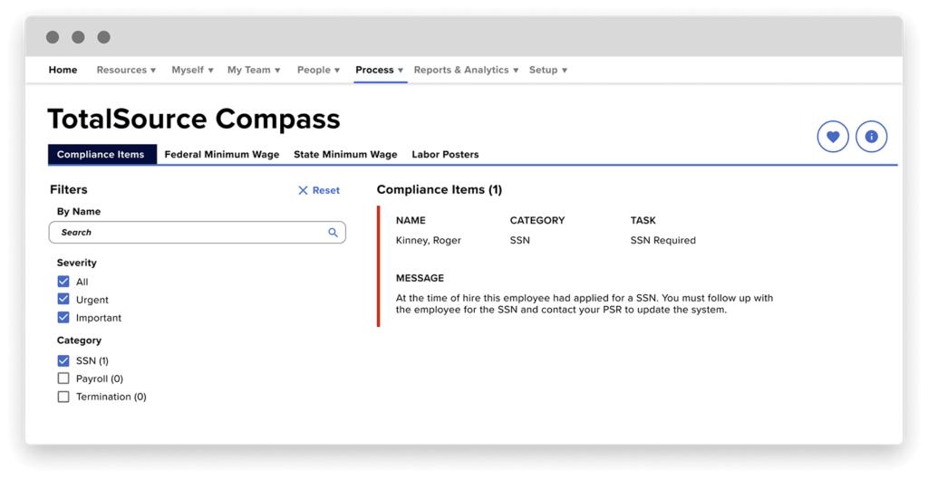 A screenshot of ADP TotalSource displaying a message with instructions regarding Roger Kiney’s SSN compliance.