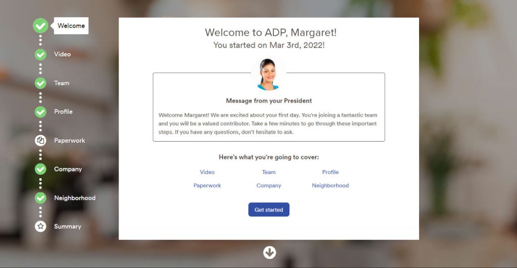 The ADP Workforce Now onboarding workflow shows the company president's picture and a new hire welcome message, plus a series of tasks the new hire has to complete on the left.