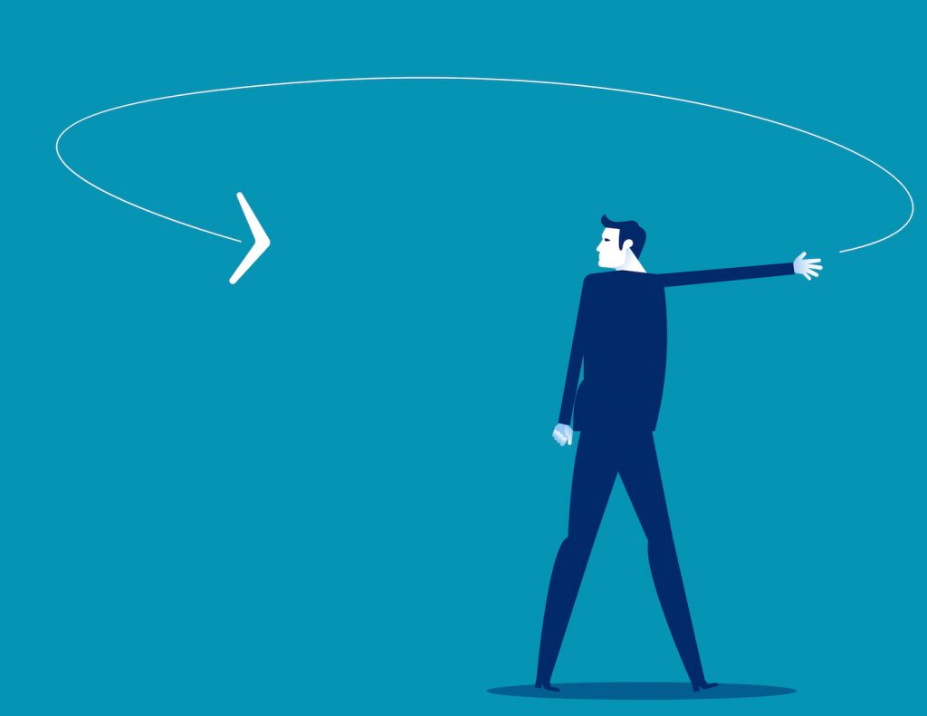 Illustration of businessperson throwing a boomerang. Represents boomerang employees.