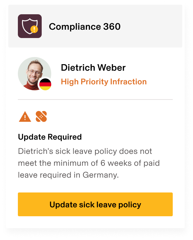 The Rippling platform shows a message that the user needs to update a policy for a German employee to satisfy Germany's minimum 6 weeks of paid leave.