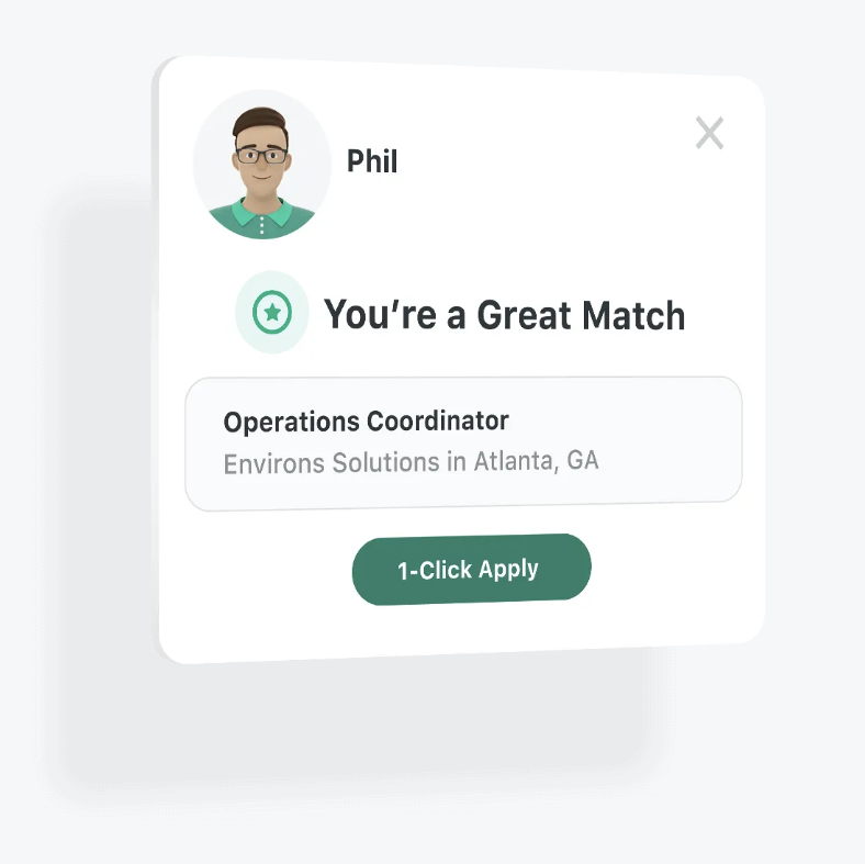 AI assistant Phil matching candidates with jobs and allowing for 1-click apply