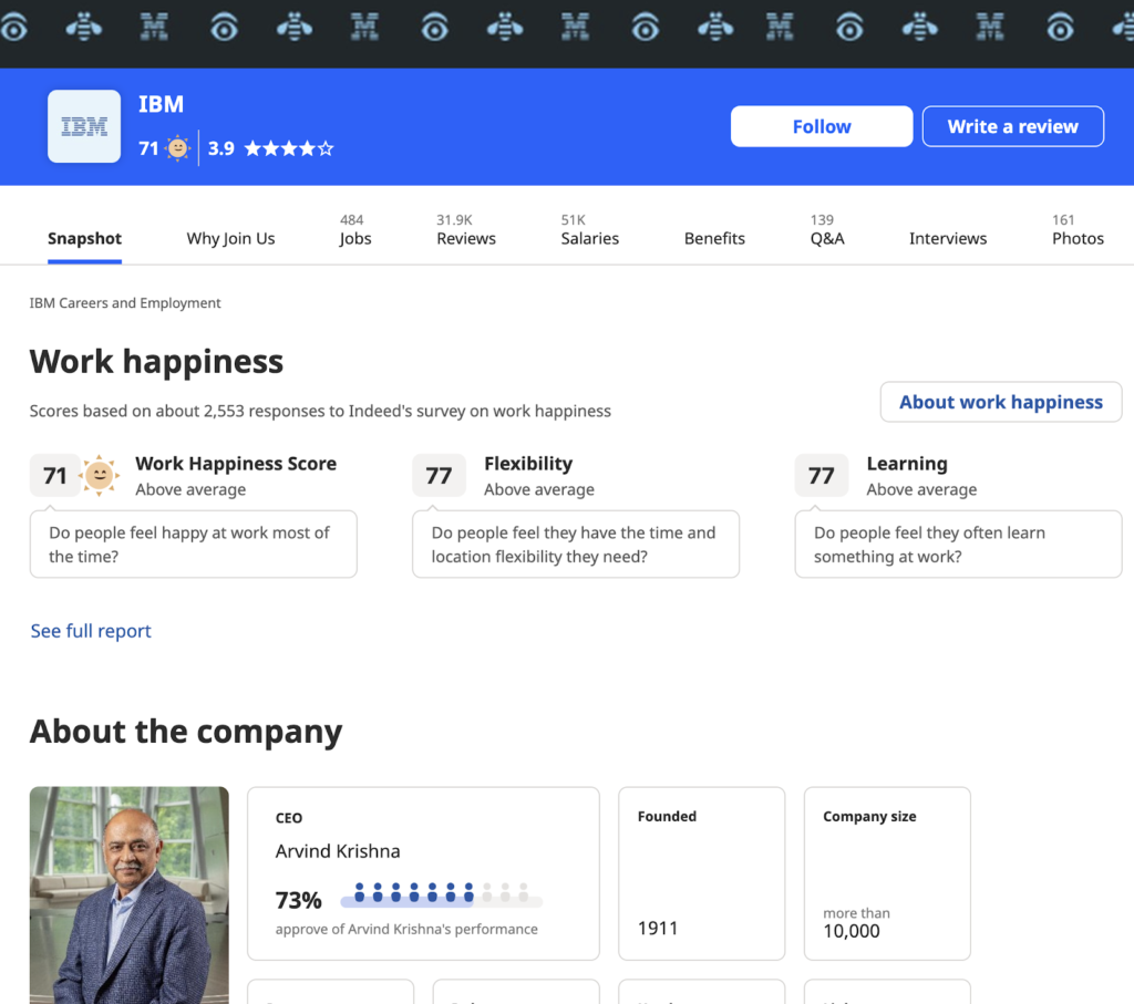 IBM company profile page on Indeed showing a snapshot of company culture and about the company information.