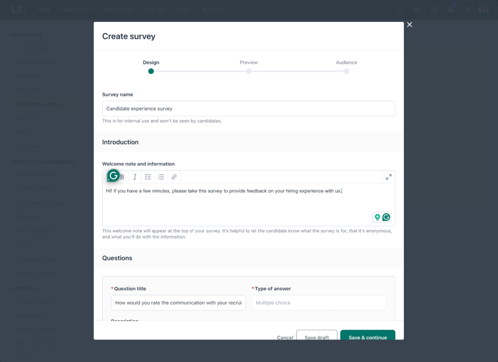 Workable displays a box where you can create a candidate experience survey.