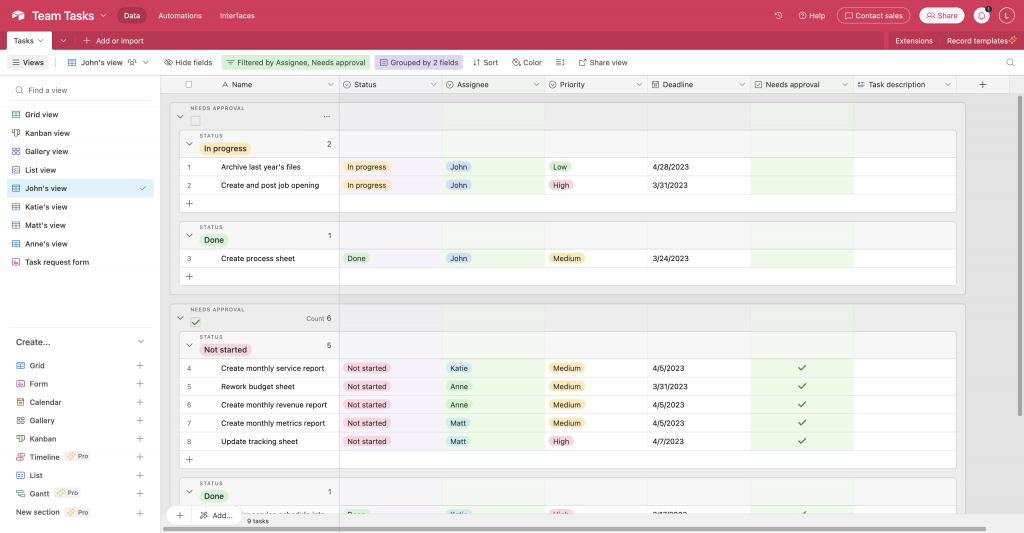 A saved view in Airtable with saved filtering and grouping for a tailored experience