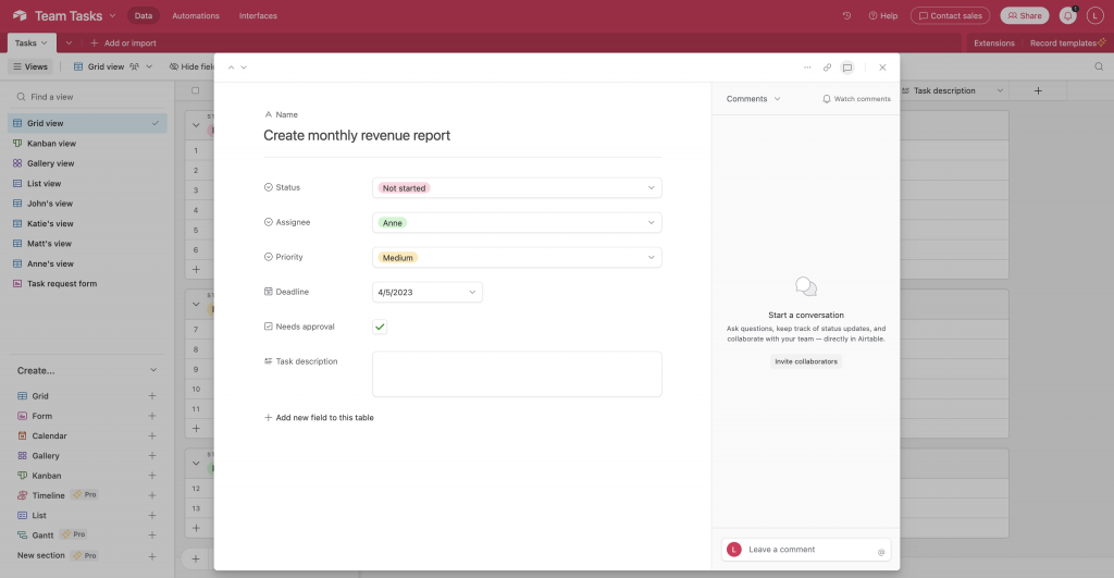 A closer look at a task in Airtable, which listed field details