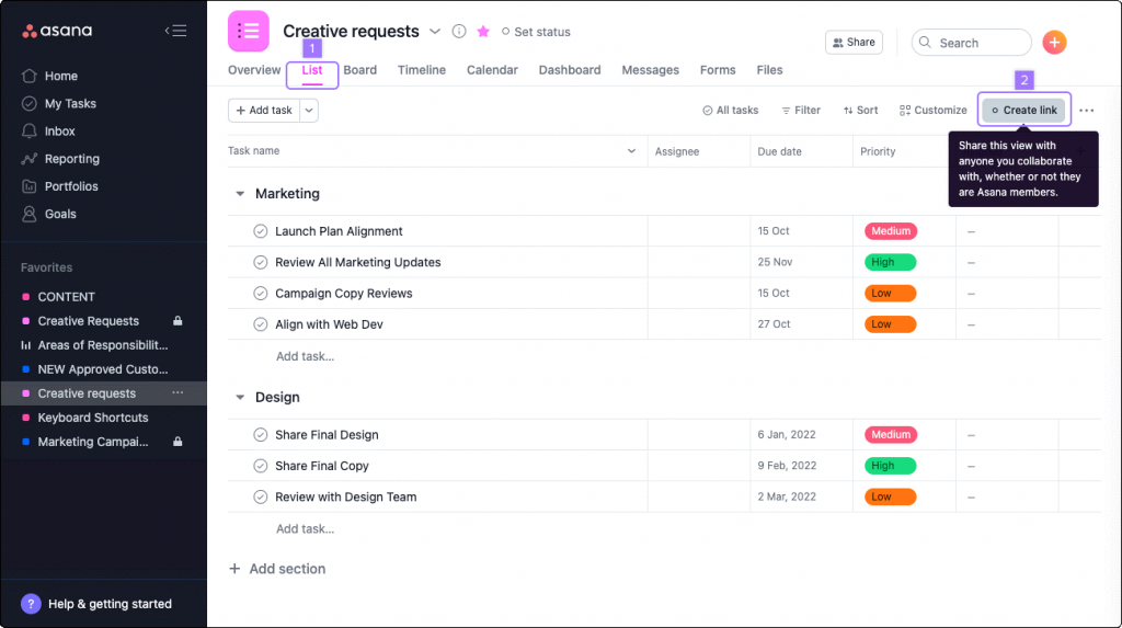 Screenshot of Asana’s list view showing a list of tasks, alongside corresponding task details such as assignee, due date, and priority.