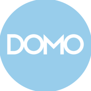 domo logo icon with white letters over a light blue background.