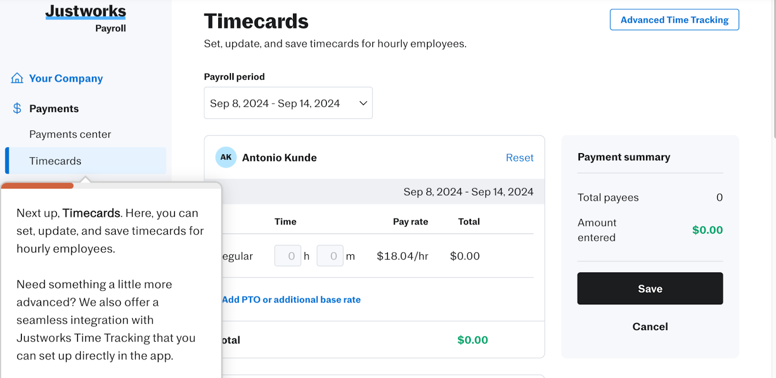 The JustWorks Payroll platform highlighting its ability to cater to employers with hourly workers.