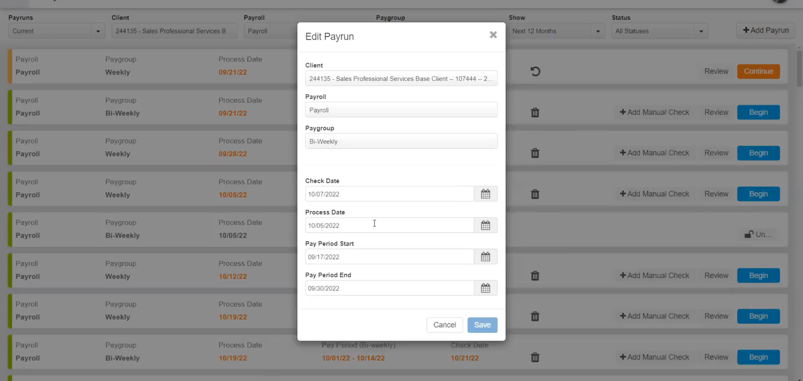 Paycor's platform shows how it runs different pay schedules and how you can edit the pay run. 