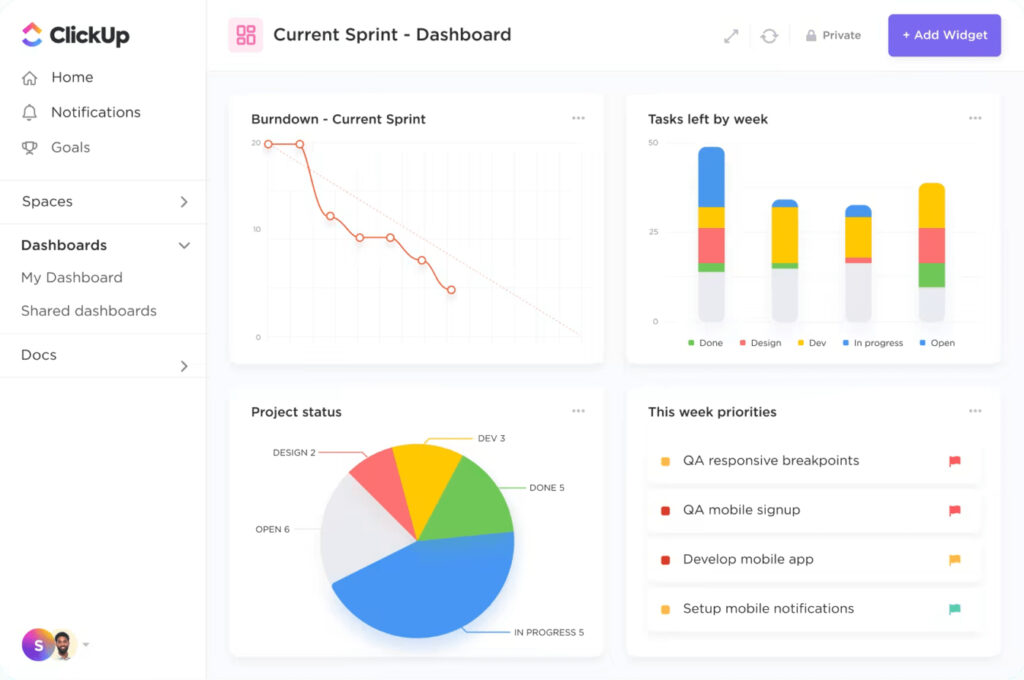 ClickUp dashboard interface with analytics and widgets.