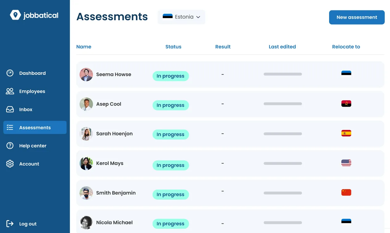 Jobbatical's assessments dashboard displays a list of employees who are relocating to another country and their status within that process.