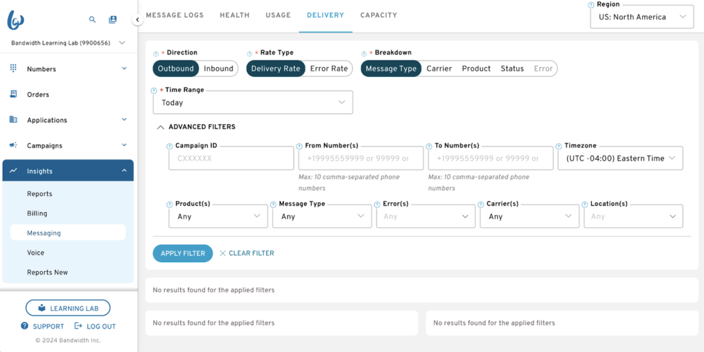 A Bandwidth dashboard showing message delivery insights with filters for outbound messages, delivery rate, message type, and carrier.