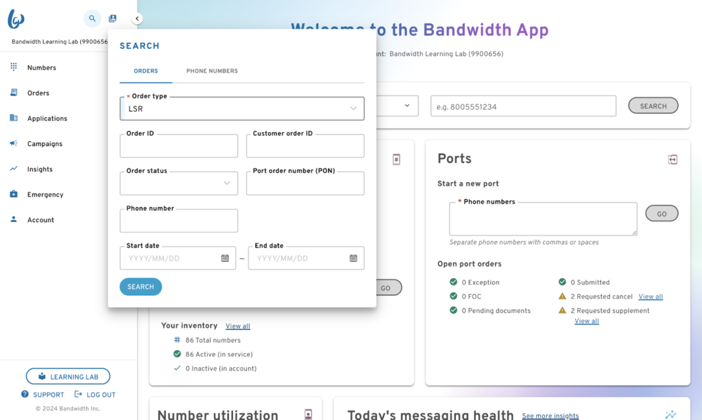 A Bandwidth app interface displaying a search form for LSR orders.