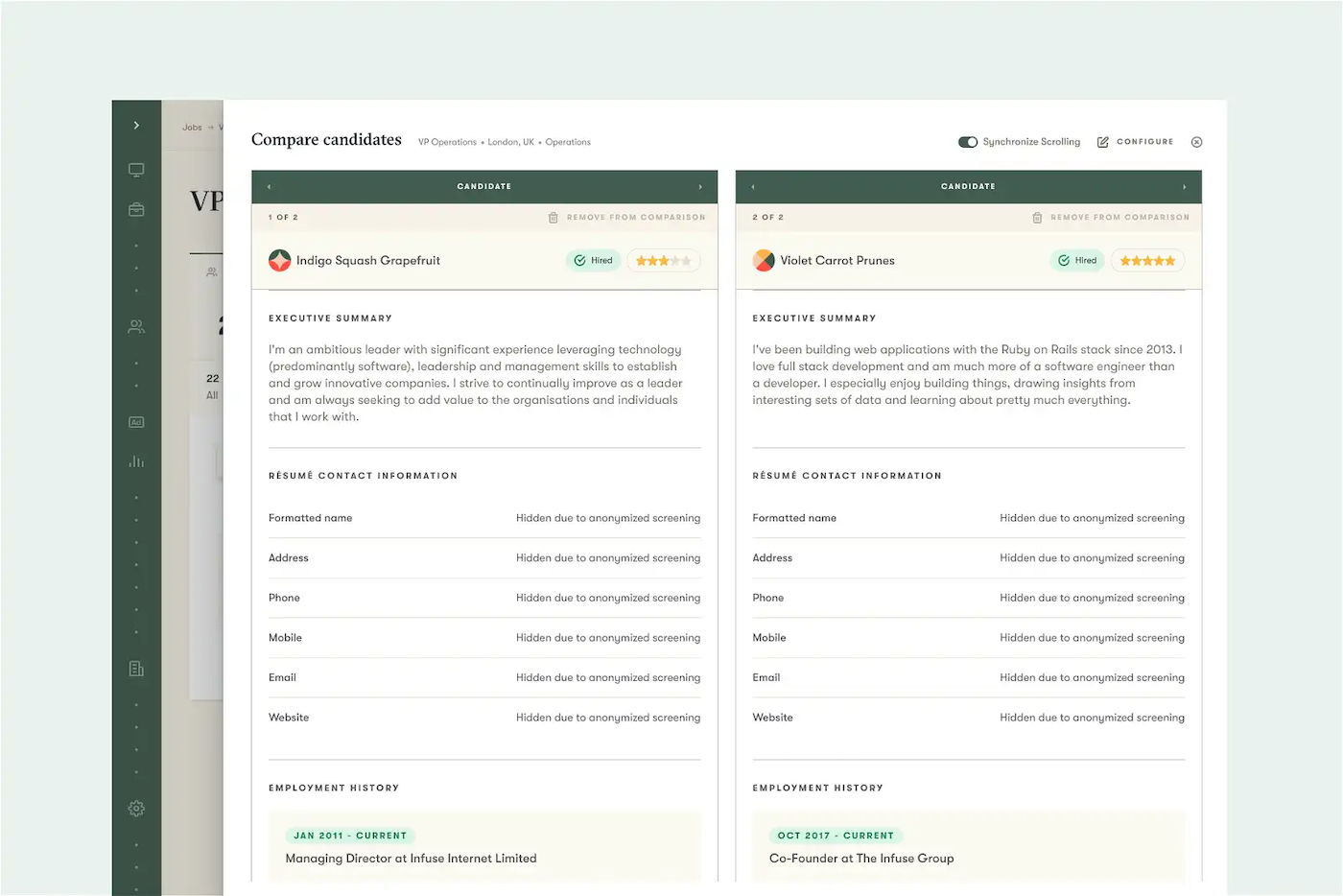 A candidate comparison view in the Pinpoint platform displays two anonymized resumes with personally identifiable information hidden to place focus on each candidate's qualifications.