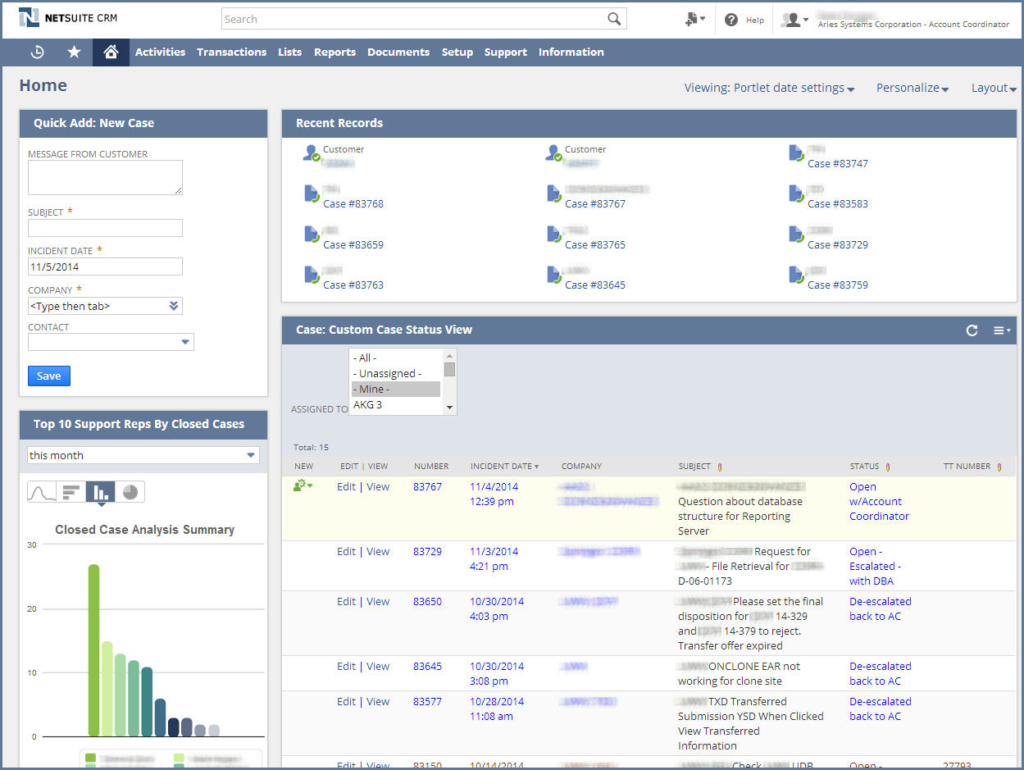 Oracle NetSuite custom case status view.