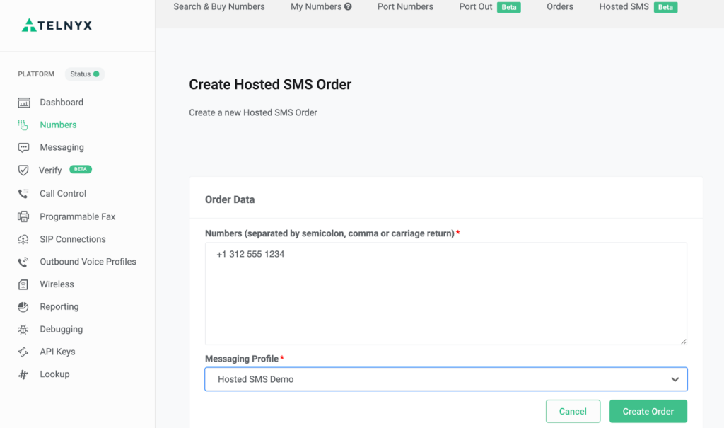 A Telnyx configuration interface for creating a hosted SMS order, including fields for entering phone numbers.