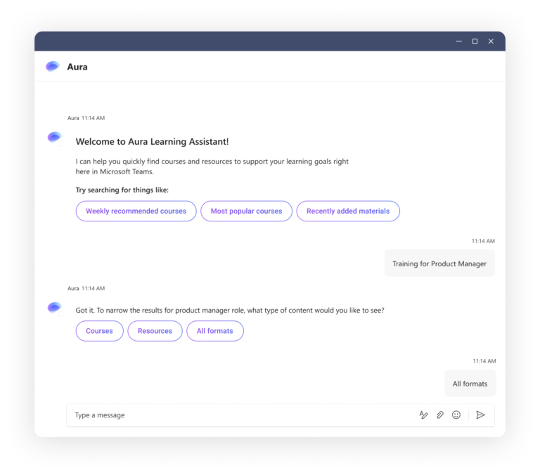 Absorb Aura helps learners find relevant courses and resources directly within Microsoft Teams. 