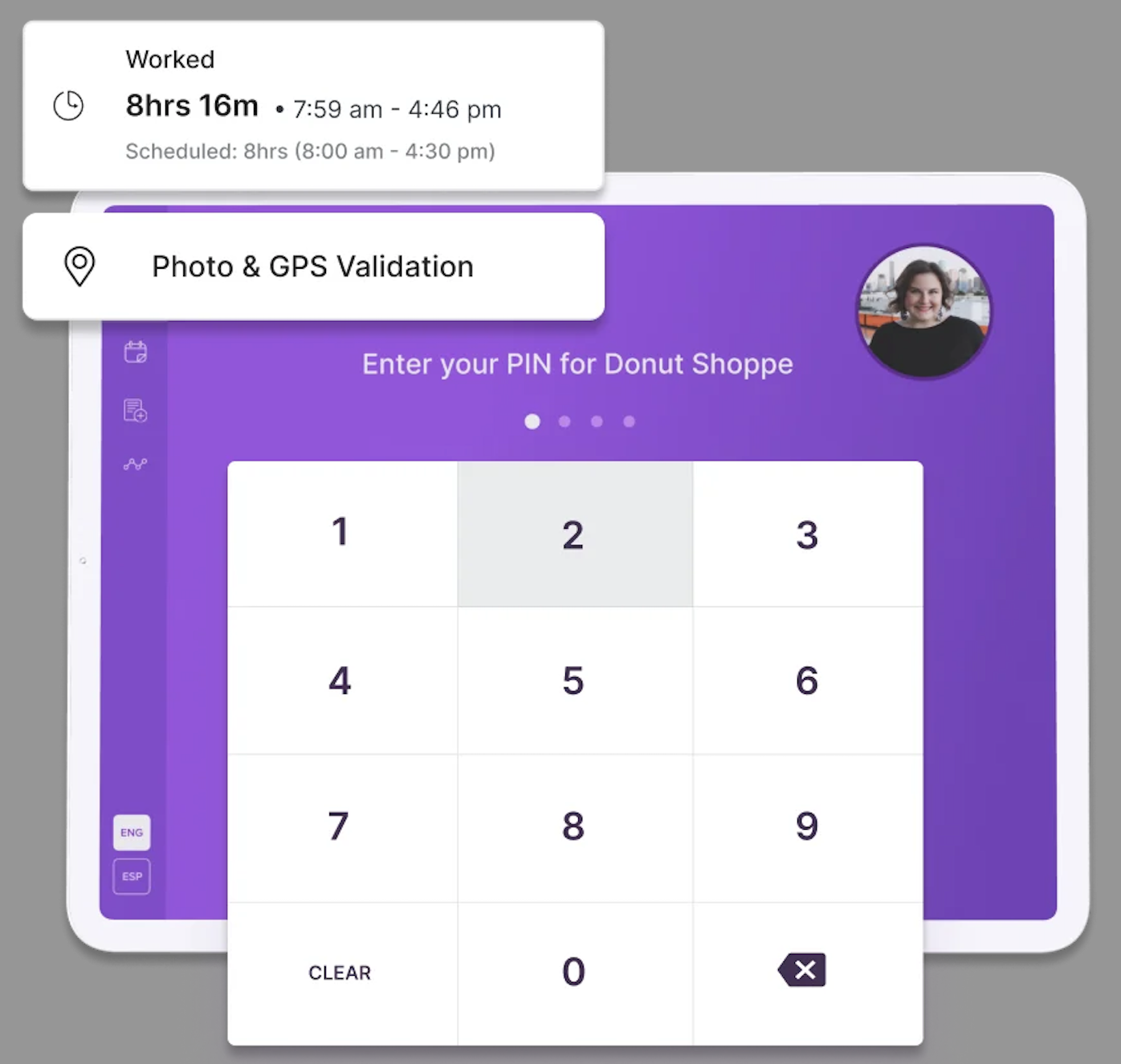 Homebase displays a dialogue box requiring an employee's PIN and photo/GPS validation before allowing them to clock in.