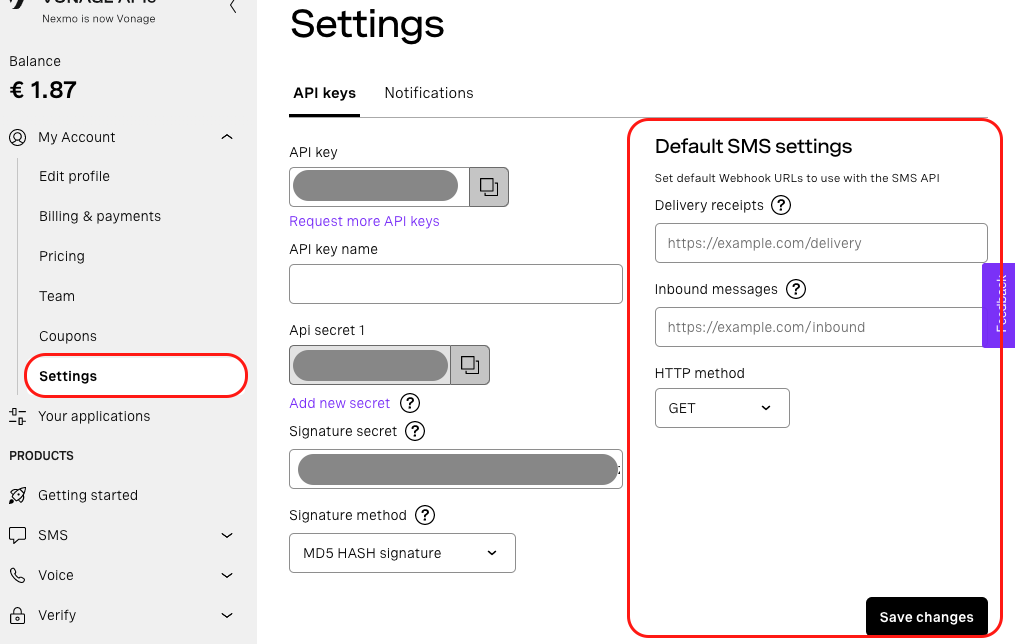 A Vonage API settings page displaying API key details and default SMS webhook settings.