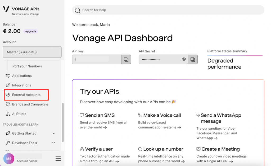 A Vonage API dashboard showing API key and secret, along with options for sending SMS, making voice calls, and integrating with external accounts.