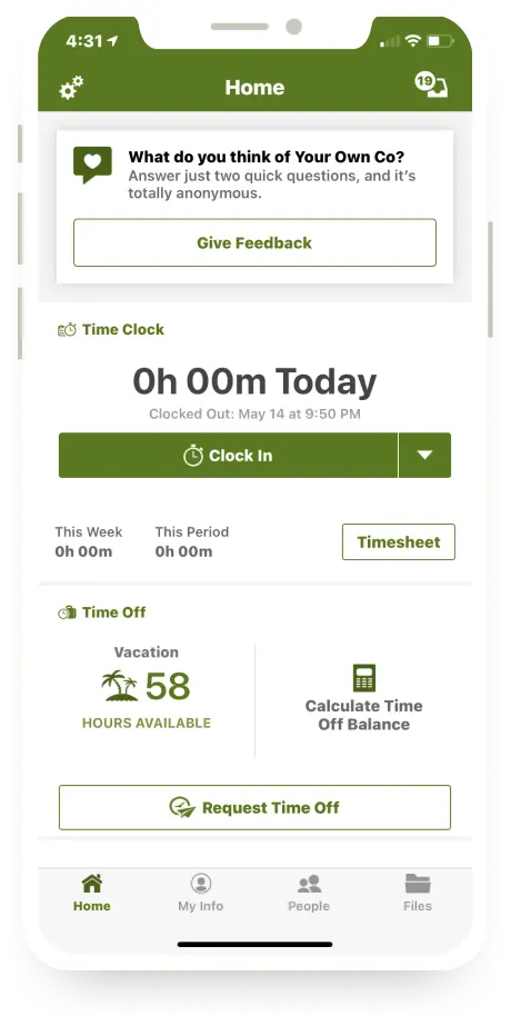 BambooHR's mobile app homepage displays a button to clock in, available vacation hours, and a prompt asking the user to provide feedback on their company.