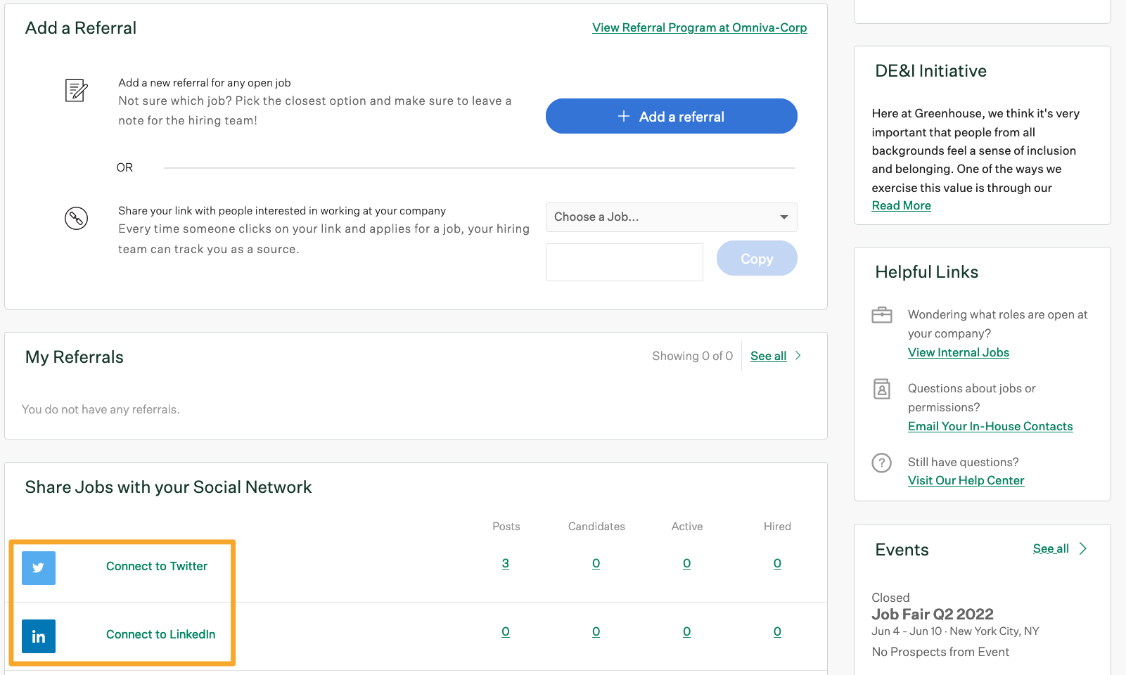 Greenhouse displays integration options to share job openings on Twitter and LinkedIn.