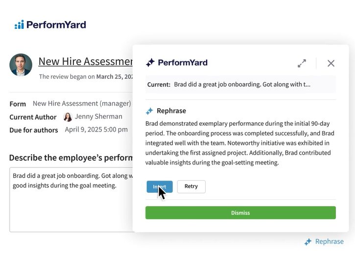 PerformYard assessment form with an AI-assisted writing tool