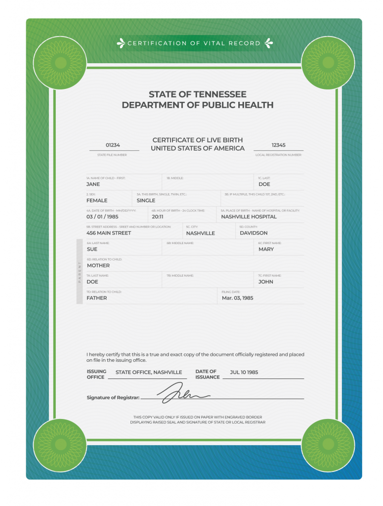 Tennessee birth certificate with demographic information for Jane Doe and her birth mother and father.