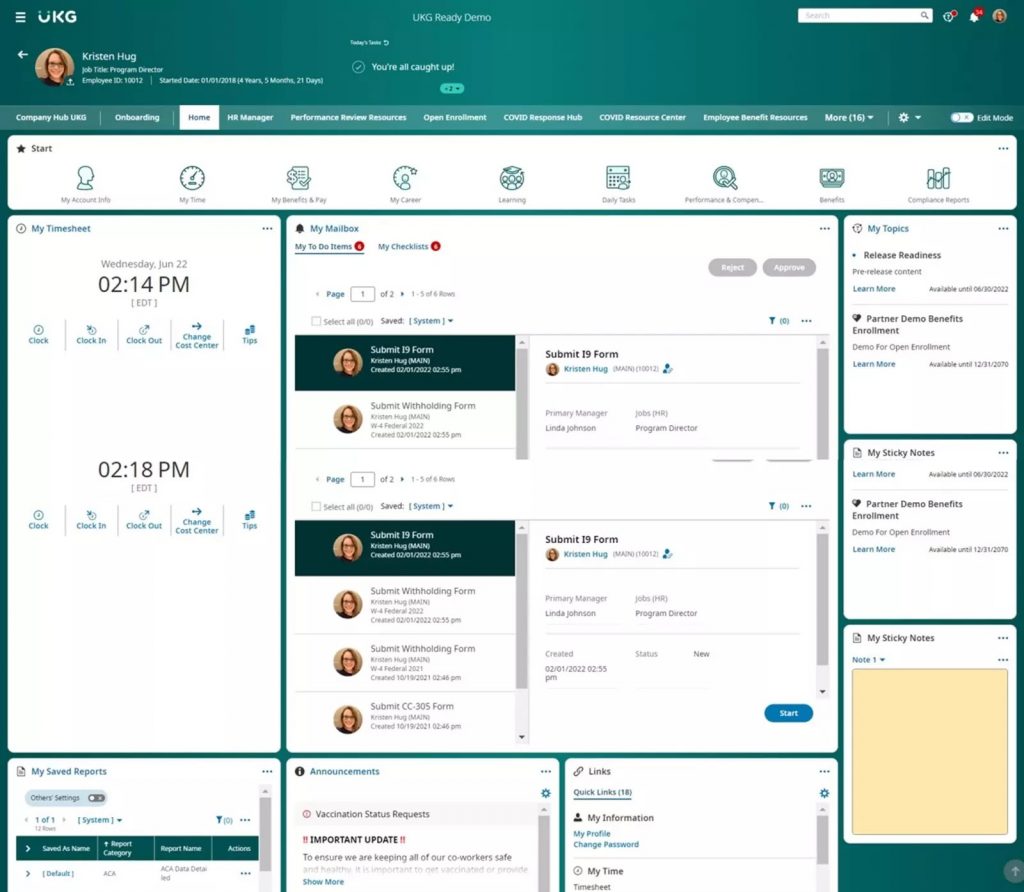 UKG Ready displays a homepage dashboard with icons linking to processes like account info, time, and daily tasks, plus widgets for clocking in and out, saved reports, and company announcements.