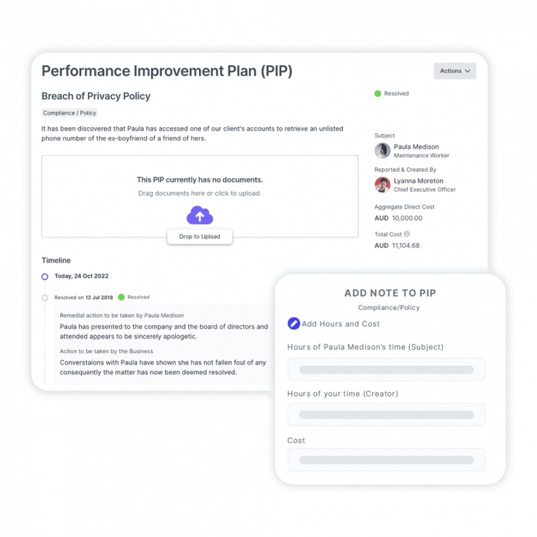 The intelliHR platform displays a dashboard for managing an employee's PIP, including notes about time spent and overall cost. 