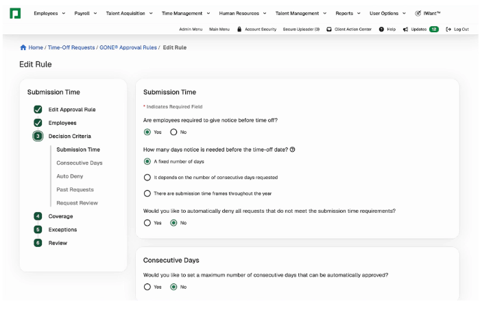 Paycom GONE tool for editing PTO approval rules