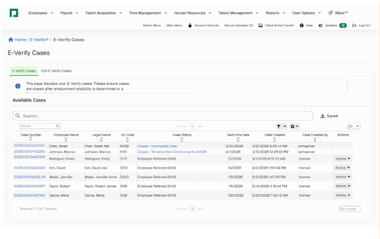 Paycom's E-verify dashboard