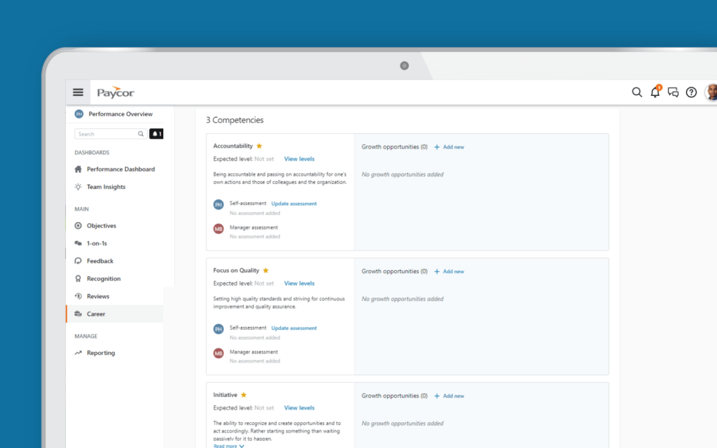 The Paycor platform shows an employee's current role plus competencies that employees must gain for future roles.
