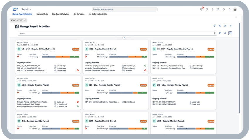 Screenshot of SAP SuccessFactors continuous payroll dashboard.