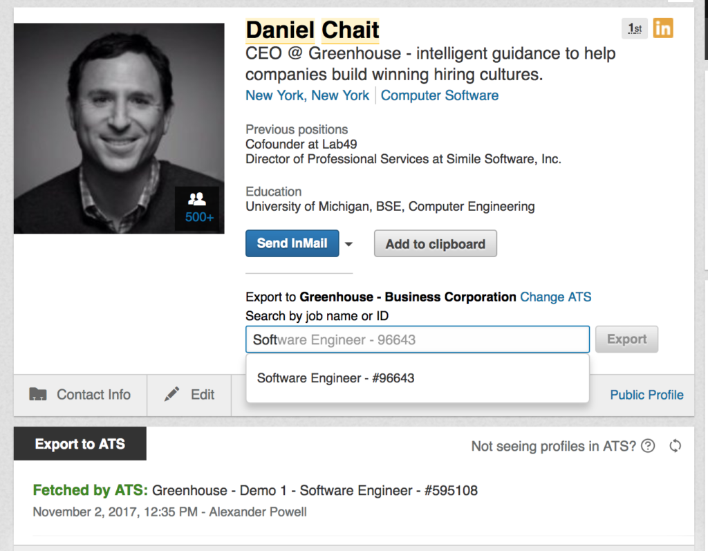 Greenhouse displays employment details for someone named Daniel Chait, such as location, previous job, and educational background, plus a button to export this data to Greenhouse.