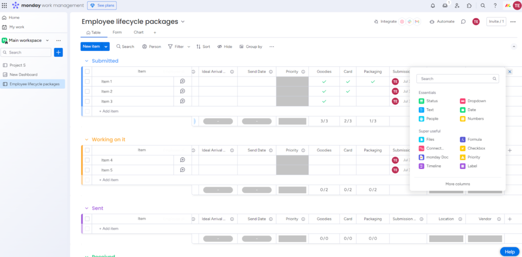 A project board on monday.com with a window open on the right to show column choices you have to customize data you need to track for each task.