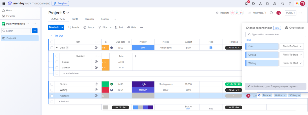 A project on monday.com with a dependency column open to the right that shows how to create task dependencies by clicking on specific tasks to draw a connection between them.